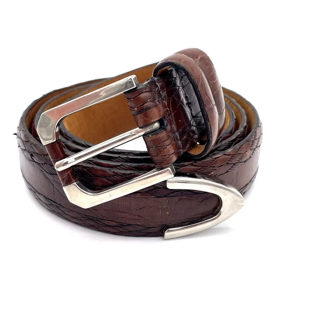 VTG Tulliani Brown Calfskin Croc Leather Belt 40 Handcrafted Western Exotic Men